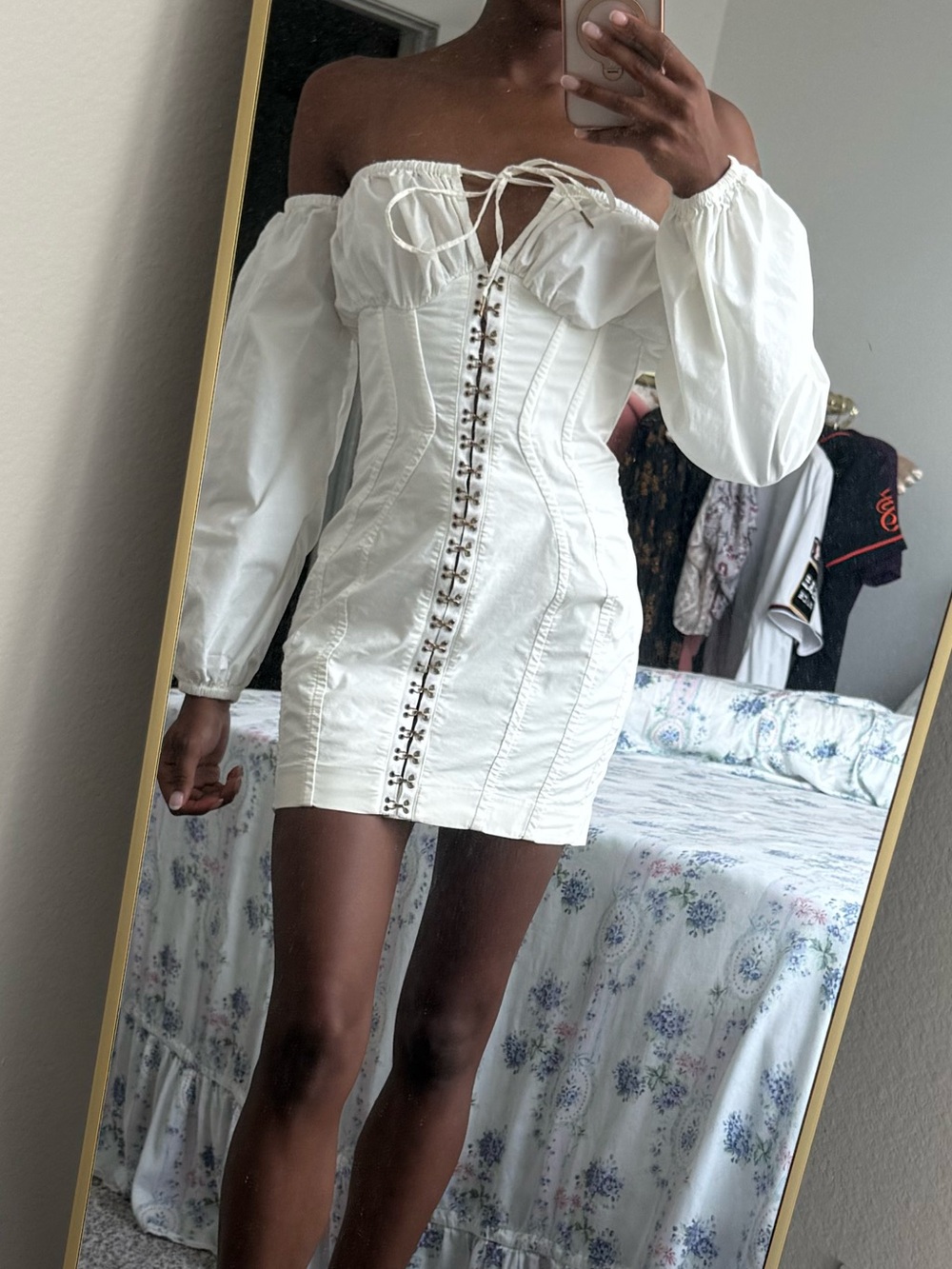 House of CB White Off-Shoulder Lace-Up Mini Dress